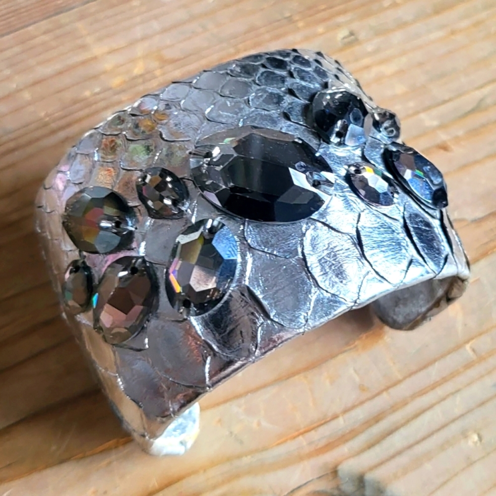 Ted Rossi Large Silver Python Cuff With Crystals - image 2